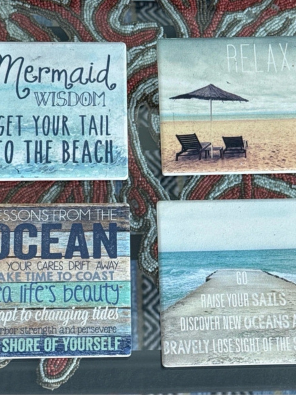 Beach-Themed Decorative Ceramic Coasters, Set - 4